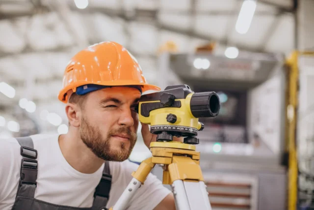 Topógrafo que entende a importância da topografia na construção civil utilizando seu equipamento de trabalho